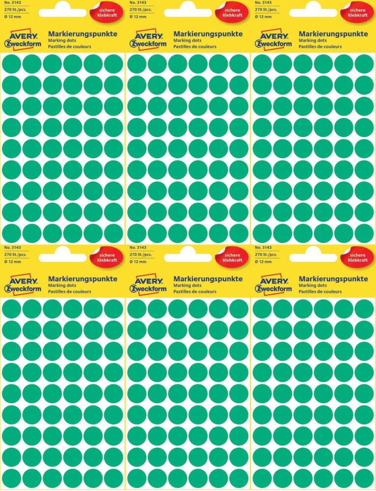 6x Etykiety Avery Zweckform, okrągłe, średnica 12mm, 270 sztuk, zielony