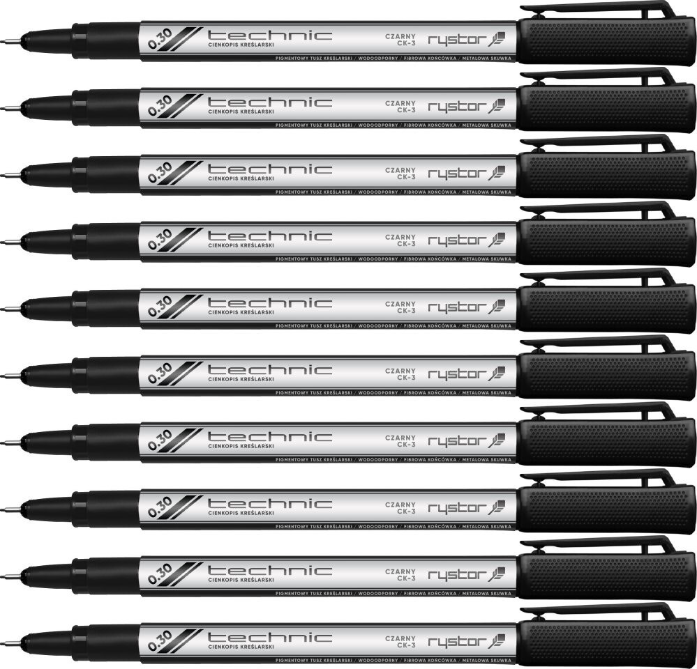 10x Cienkopis kreślarski Rystor Technic, 0.3 mm, czarny