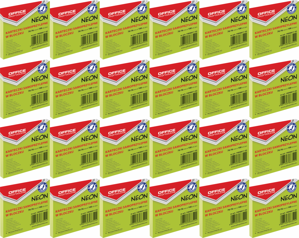 24x Karteczki samoprzylepne Office Products, 76x76mm, 100 karteczek, neonowy zielony
