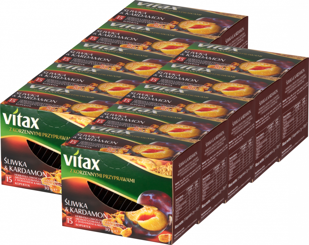 10x Herbata owocowo-ziołowa w kopertach Vitax z korzennymi przyprawami, śliwka i kardamon, 15 sztuk x 2g