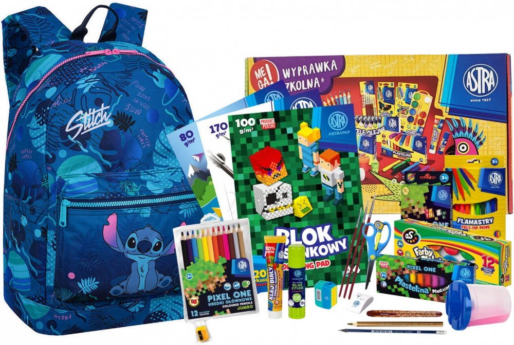 Zestaw: Plecak szkolny Coolpack Cross Stitch + Wyprawka szkolna dla klas 1-3 Astra Pixel One (L), 21 elementów