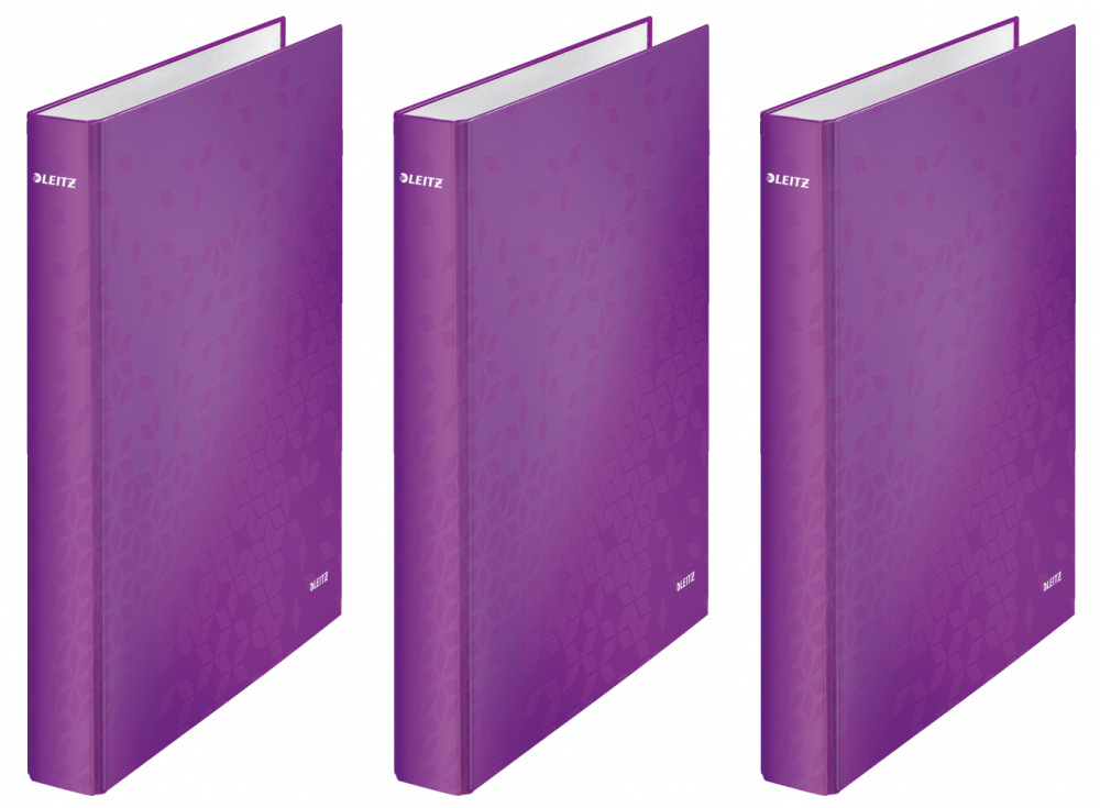 3x Segregator Leitz Wow, A4, szerokość grzbietu 40mm, do 250 kartek, 2 ringi, fioletowy