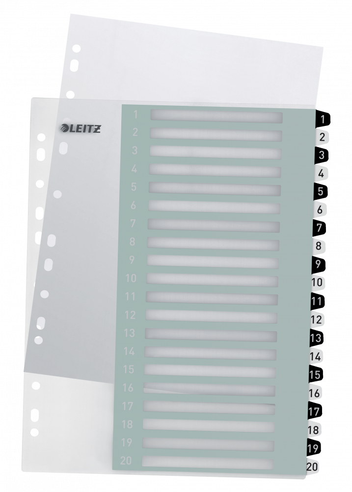 Przekładki do segregatora Leitz Wow, plastikowe, numeryczne, A4+, 1-20 kart, do zadruku, biało-czarny