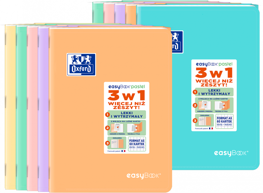 10x Zeszyt w kratkę Oxford easyBook Pastel, A5, 60 kartek, mix kolorów pastelowych