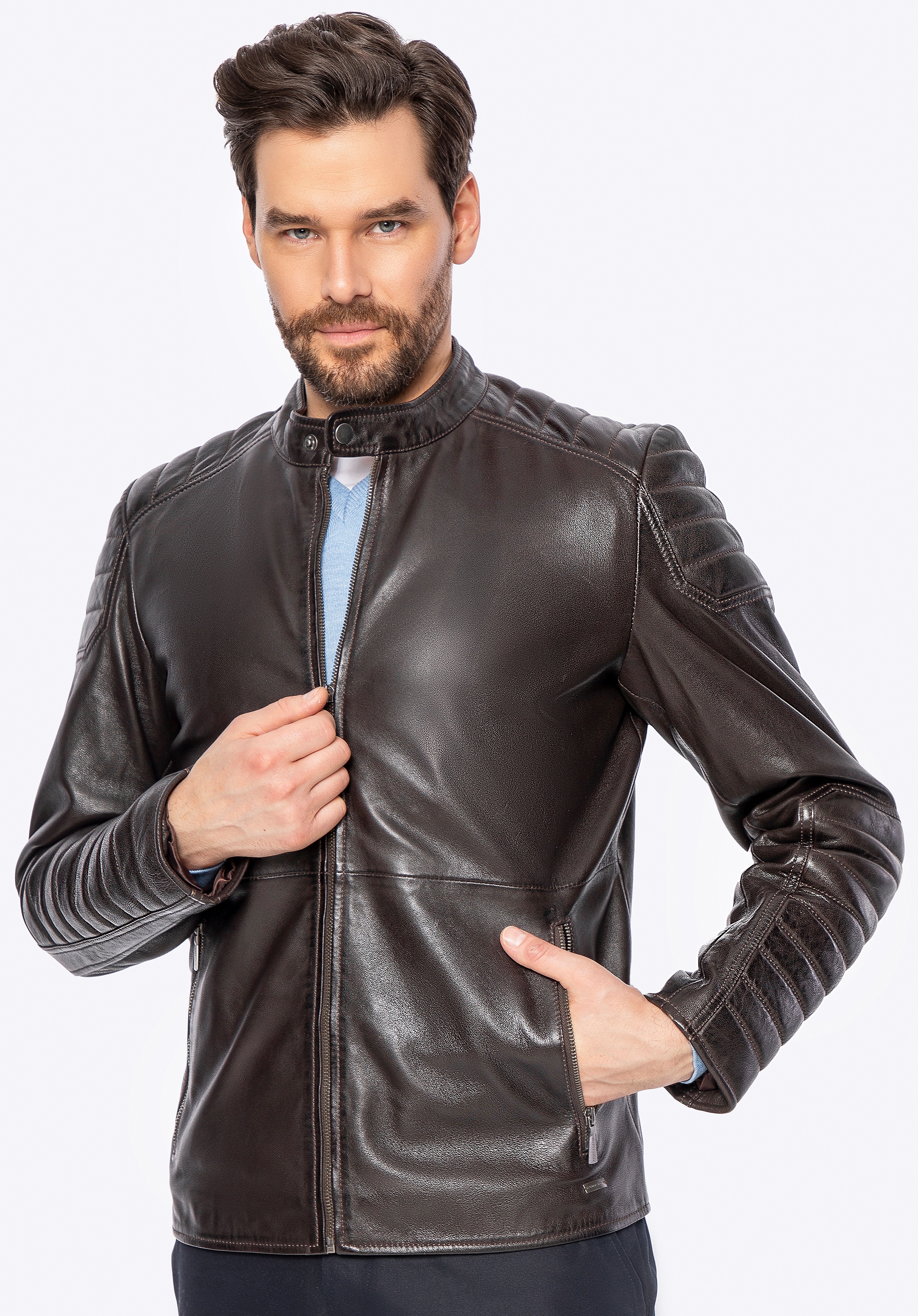 Męska kurtka ze skóry owczej z przeszyciami ciemny brąz