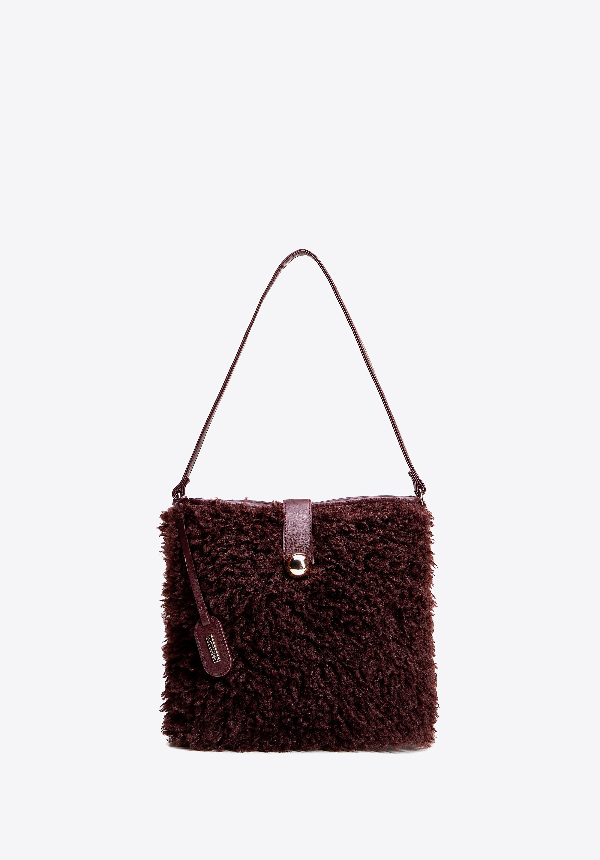 Damska torebka worek ze sztucznego futerka bordowa