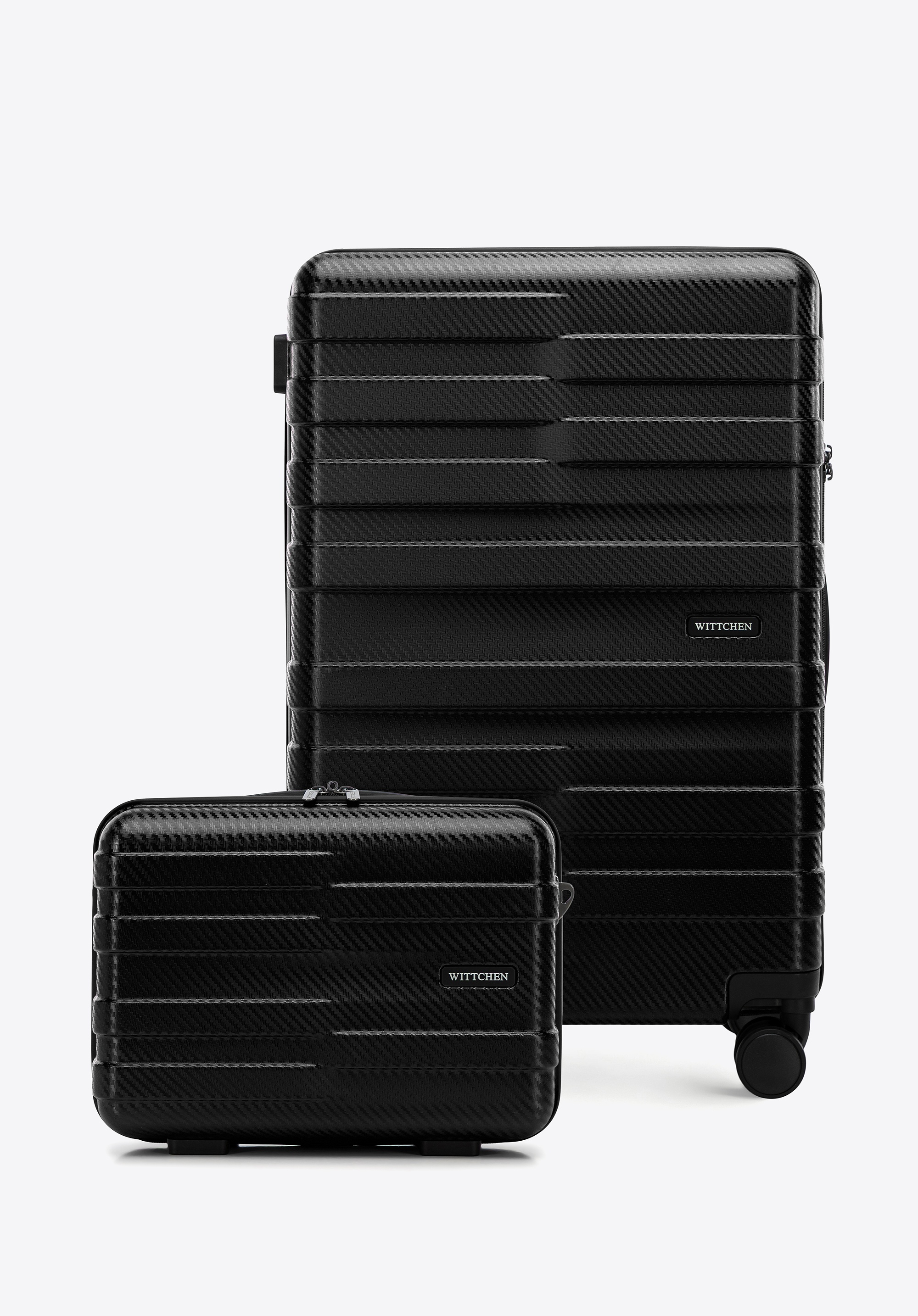 Średnia walizka i kosmetyczka z polikarbonu w poziome pasy czarne