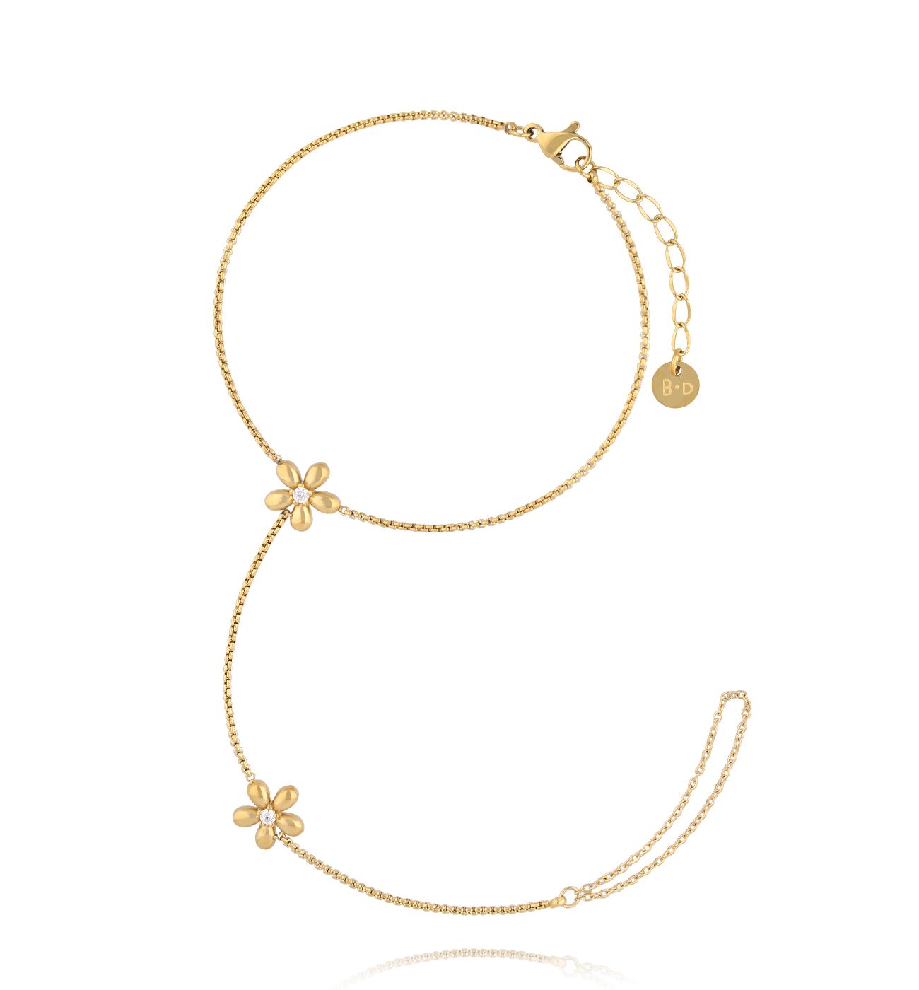 Bransoletka z pierścionki i kwiatuszkami złota BSY0424 - By Dziubeka