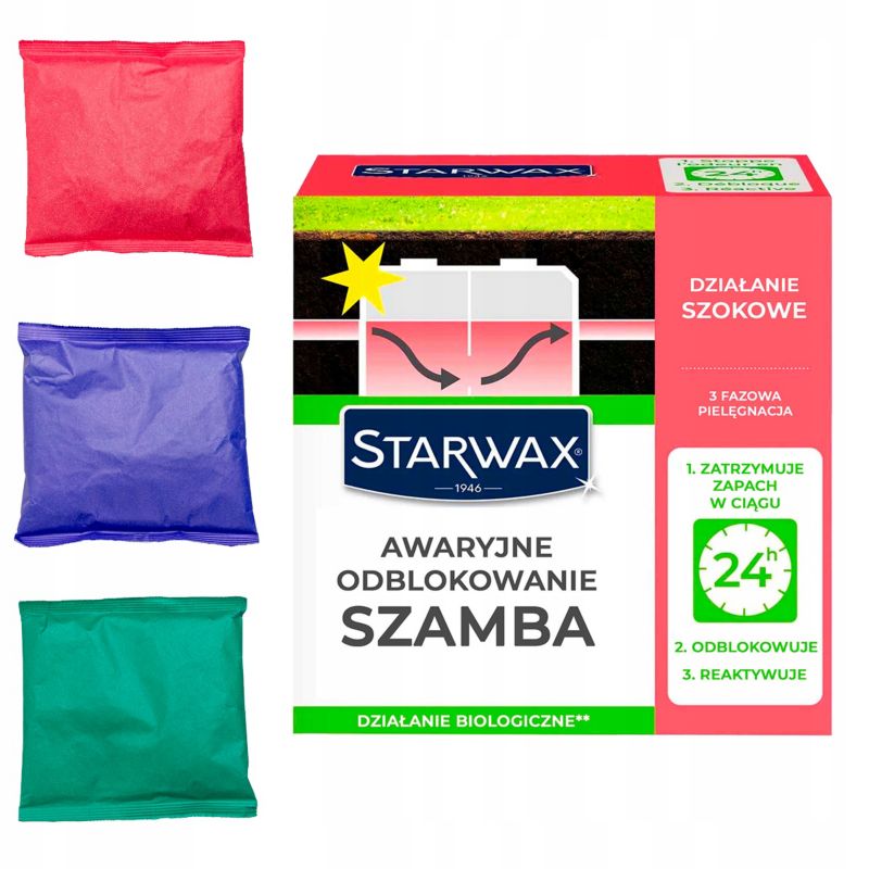Preparat do Szamb Starwax, Awaryjne odblokowanie, 3-fazowa kuracja, rozpuszcza zatory i neutralizuje zapachy 600 g