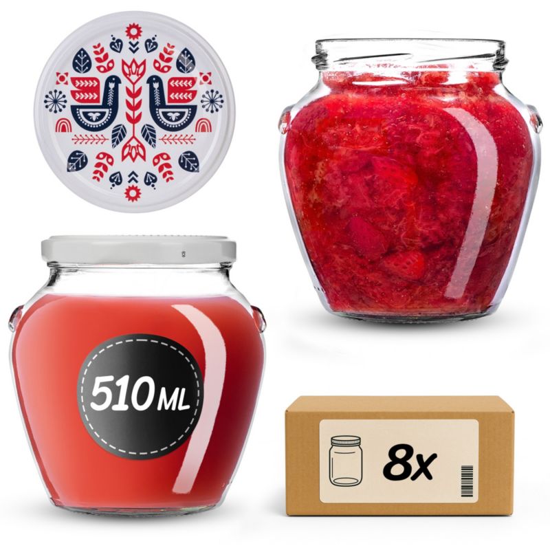 Słoiki na przetwory KADAX 510ml + wieczka "Folklor z kurą" 82mm 8szt.