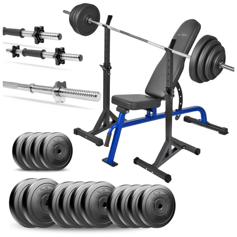 Zestaw do ćwiczeń siłowych Pretorians 99 kg z ławką treningową, stojakami gryfem prostym, obciążeniem 55 kg zestaw