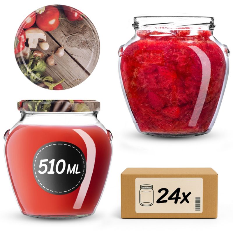 Słoiki KADAX na przetwory 510ml + wieczka "Pieczarka i czosnek" 82 mm 24 szt.