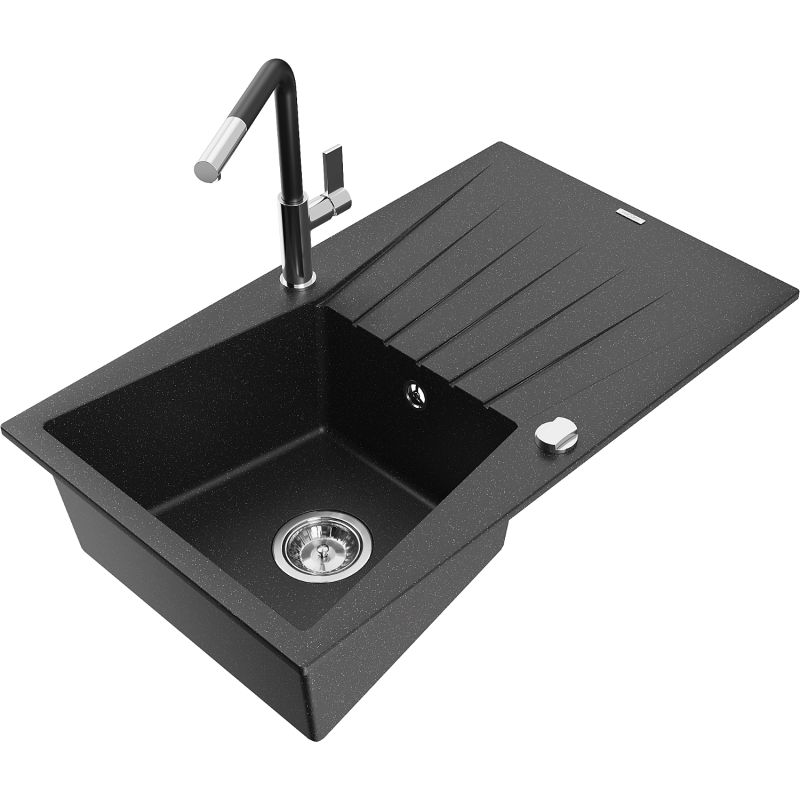 Zlewozmywak granitowy 1-komorowy Mexen Cesar z ociekaczem i baterią kuchenną Flora czarny/srebrny metalik 6514-73-670401-07