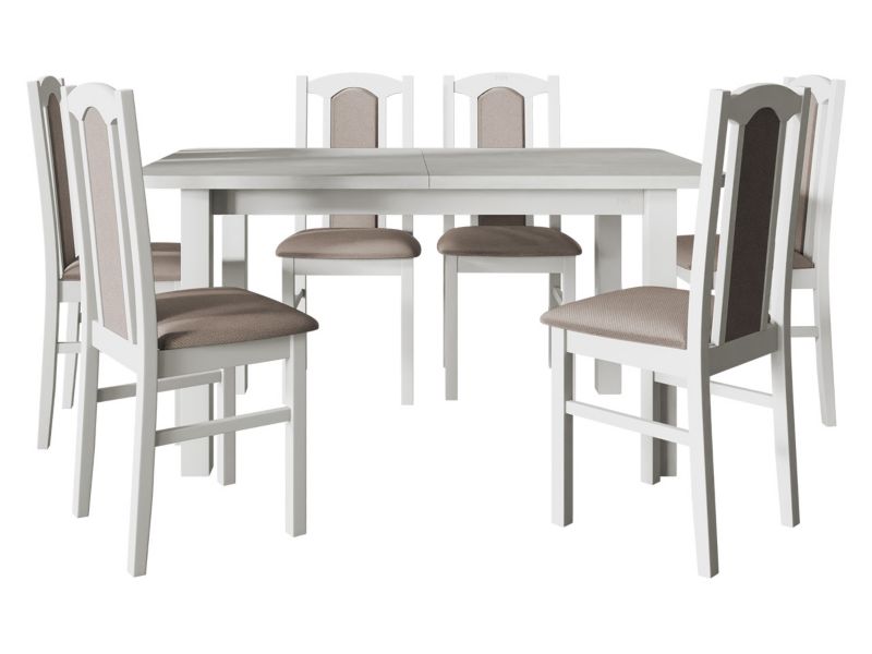 Zestaw DR06 MIRJAN 24 Stół rozkładany Wenus II L 80x140/180 + 6 krzeseł Bos 7 biały + beżowa tapicerka 1 kpl.
