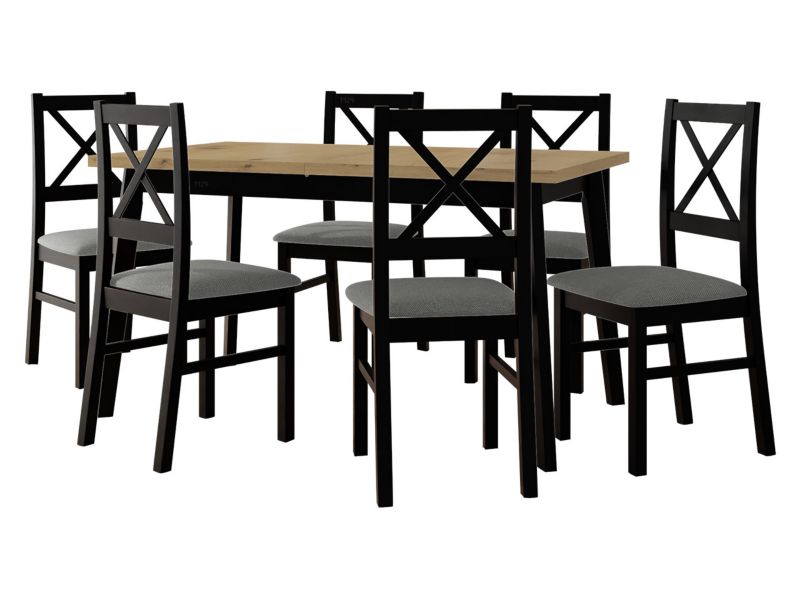 Zestaw DR11 MIRJAN 24 Stół rozkładany Oslo V 80x140/180 + 6 krzeseł Nilo 10 dąb artisan + czarny + szara tapicerka 1 kpl.