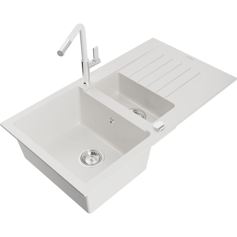 Zlewozmywak granitowy 1.5-komorowy Mexen Matias z ociekaczem i baterią kuchenną Flora biały 6502-20-670401-02