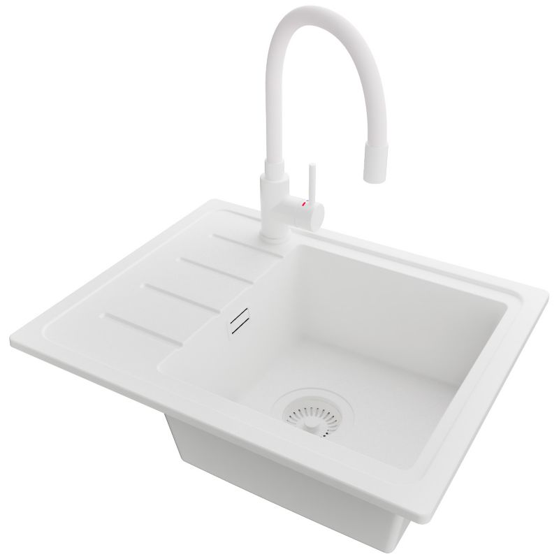 Zlewozmywak Granitowy Kopenhaga Easy PRIMAGRAN Nablatowy 55x44cm do szafki od 45cm, Cały Biały + Bateria + Syfon, S030, 1 szt.