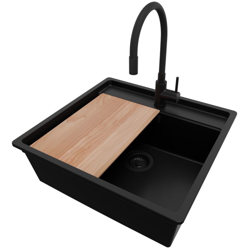 Zlewozmywak Granitowy Bergen PRIMAGRAN Nablatowy 56x53cm do szafki od 60cm, Cały Czarny + Bateria + Syfon + Deska, S210, 1 szt.