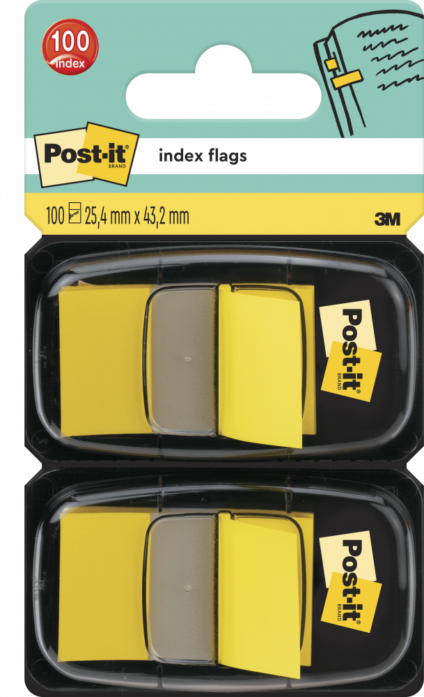 Zakładki samoprzylepne Post-it proste, indeksujące, folia, półtransparentne, 25x43mm, 2x50 sztuk, żółty