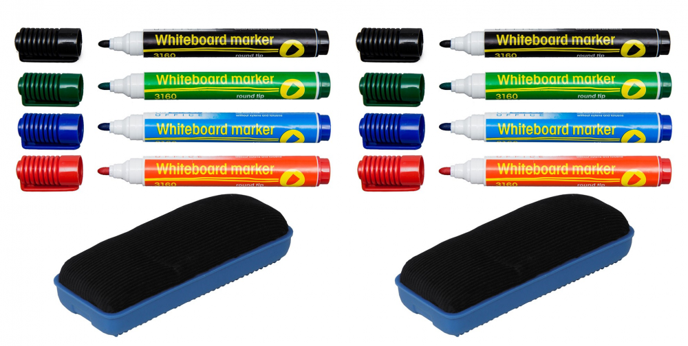 2x Marker suchościeralny D.Rect, okrągła, 4 sztuki, 1-3mm, mix kolorów + gąbka magnetyczna