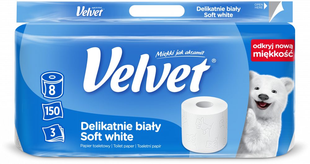 Papier toaletowy Velvet, 3-warstwowy, 8 rolek, delikatnie biały