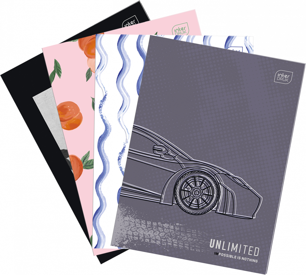 4x zeszyt w linie Interdruk, A4, miękka oprawa, 60 kartek, mix wzorów