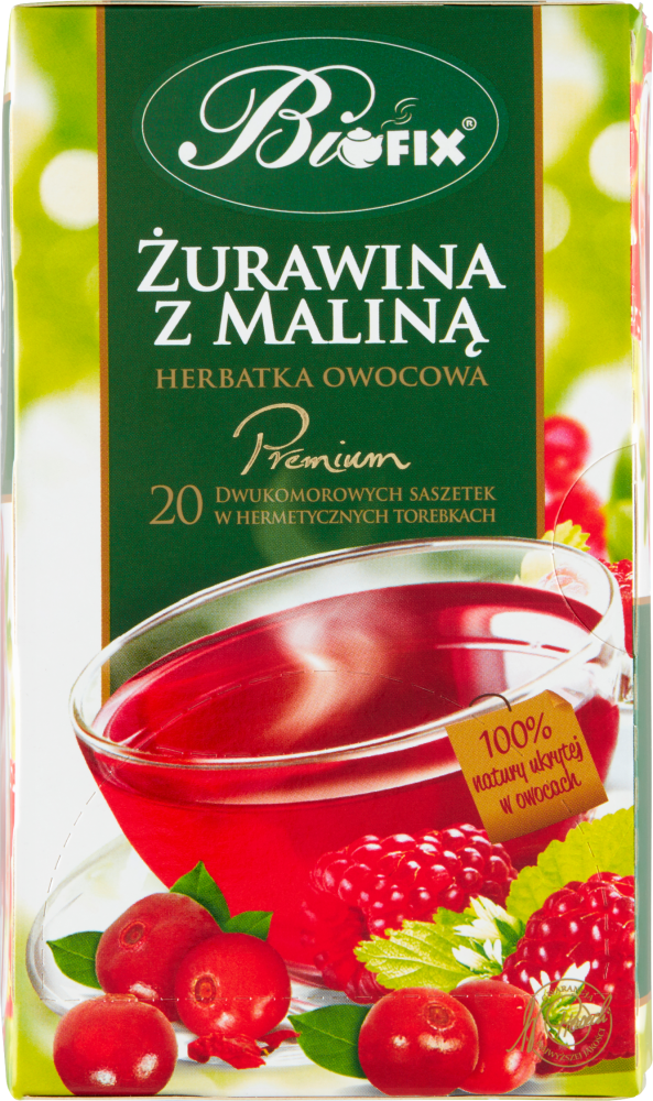 Herbatka owocowa w kopertach BiFix Premium, żurawina z maliną, 20 sztuk x 2g