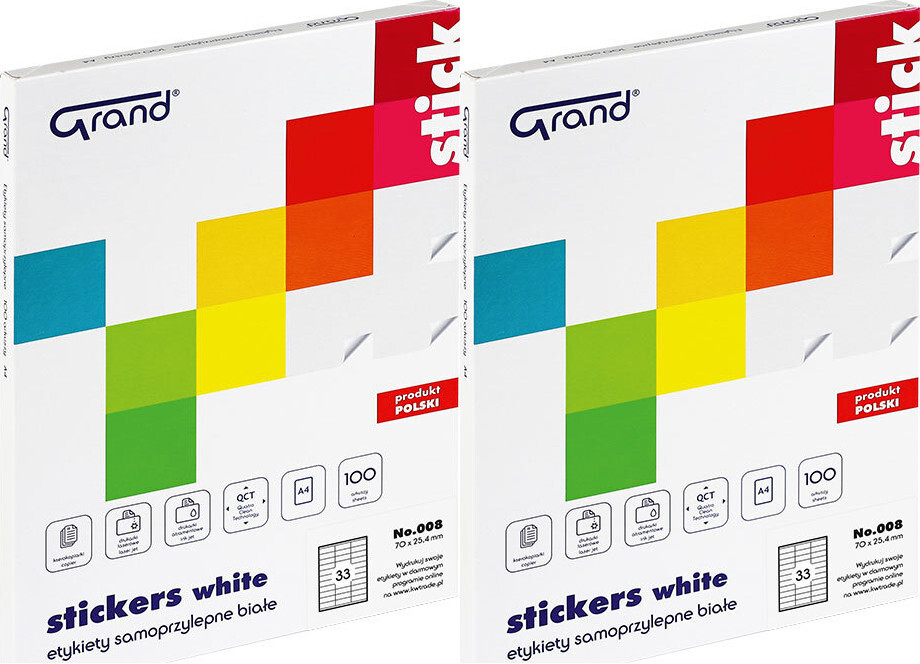 2x Etykiety samoprzylepne Grand No.008, 70x25.4mm, 100 arkuszy, biały