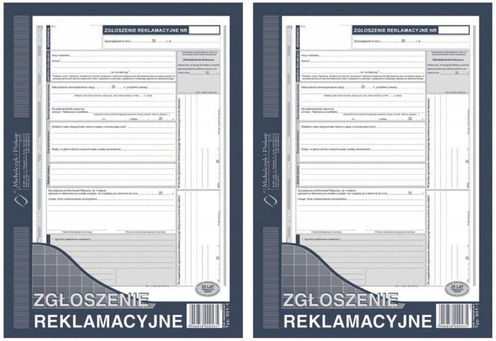 2x Druk akcydensowy Zgłoszenie reklamacyjne MiP 601-1, A4, 2 kopie, 39k