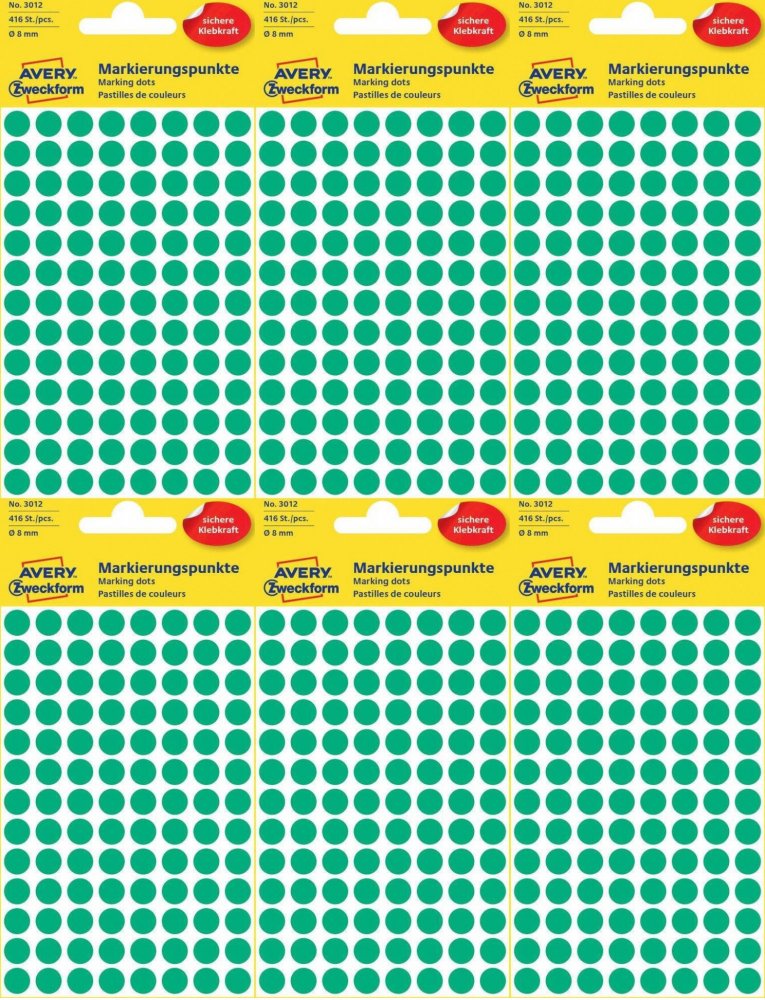 6x Etykiety oznaczeniowe Avery Zweckform, okrągłe, średnica 8mm, 416 sztuk, zielony
