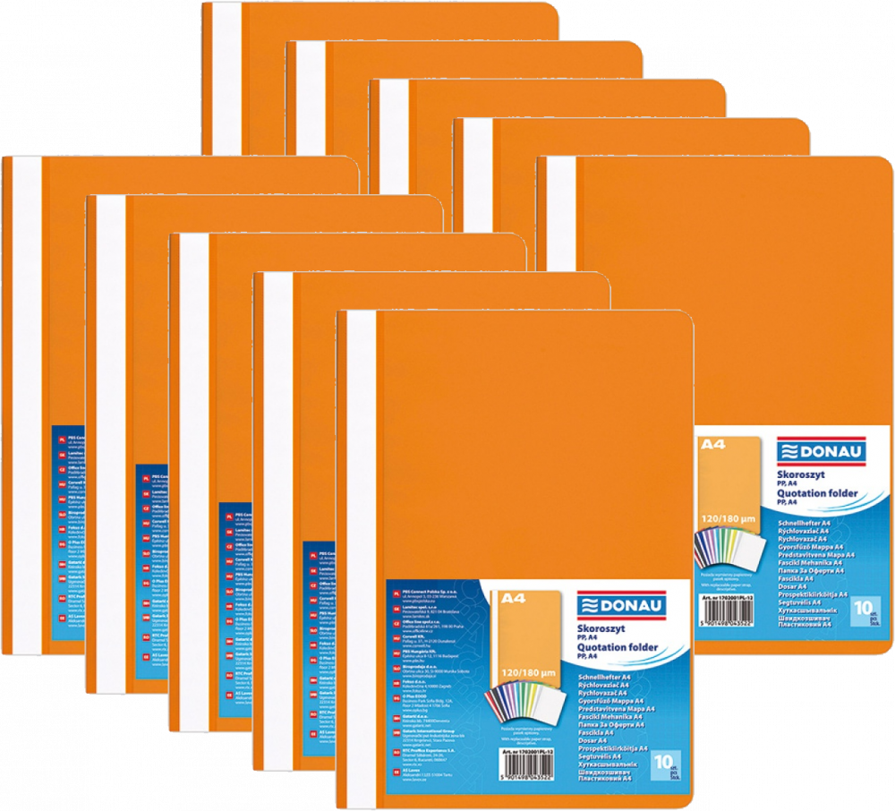 10x Skoroszyt plastikowy bez oczek Donau, A4, do 200 kartek, pomarańczowy