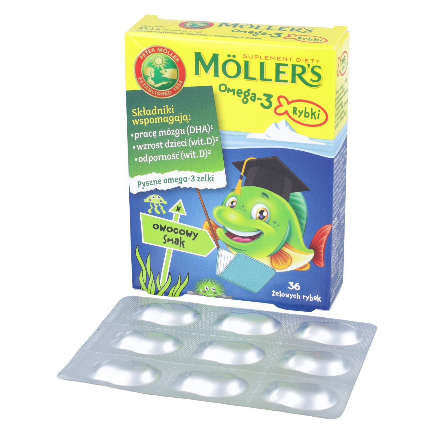 Mollers omega-3 rybki, smak owocowy, 36 żelowych rybek