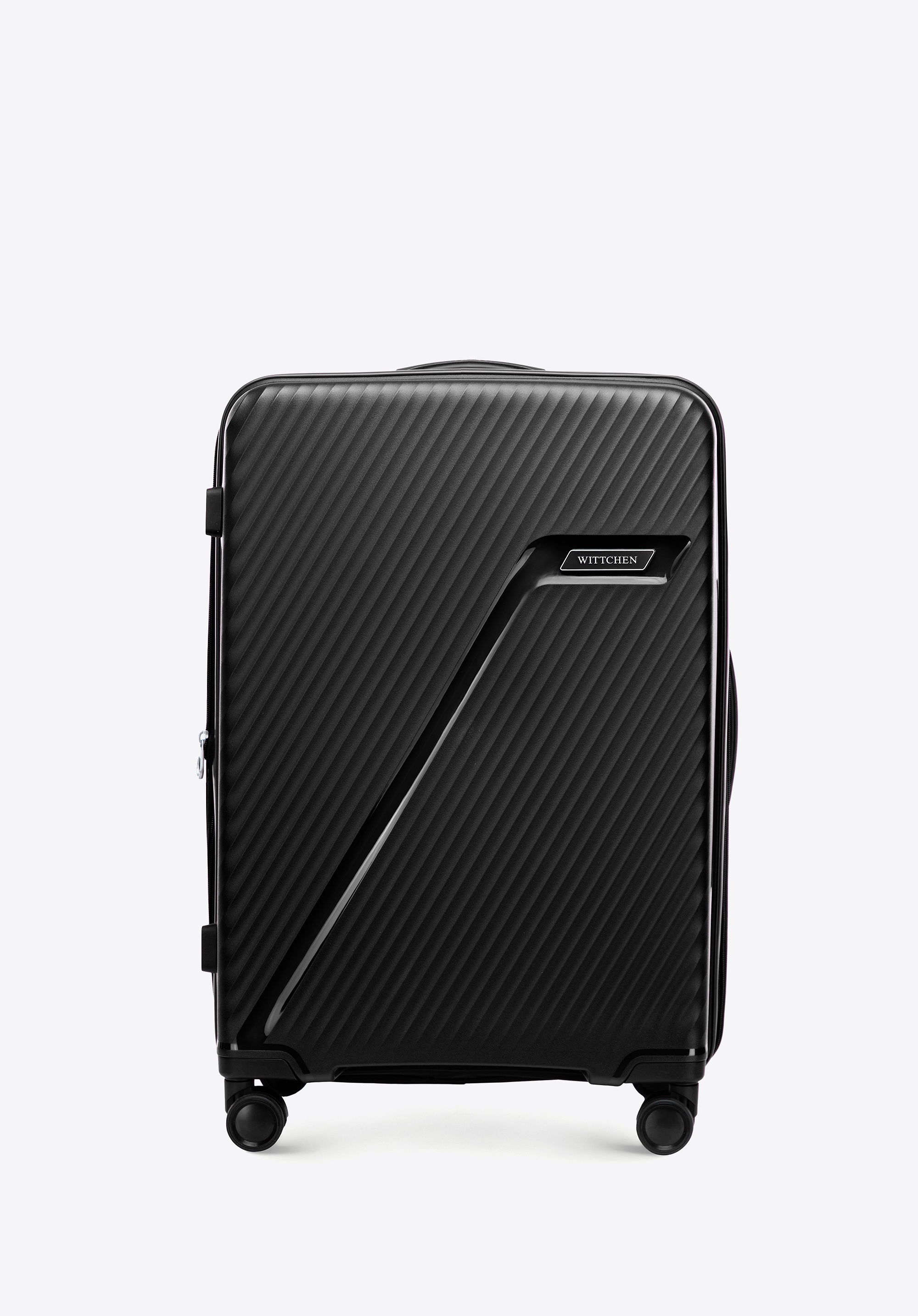 Średnia walizka z polipropylenu w ukośne pasy czarno - srebrna