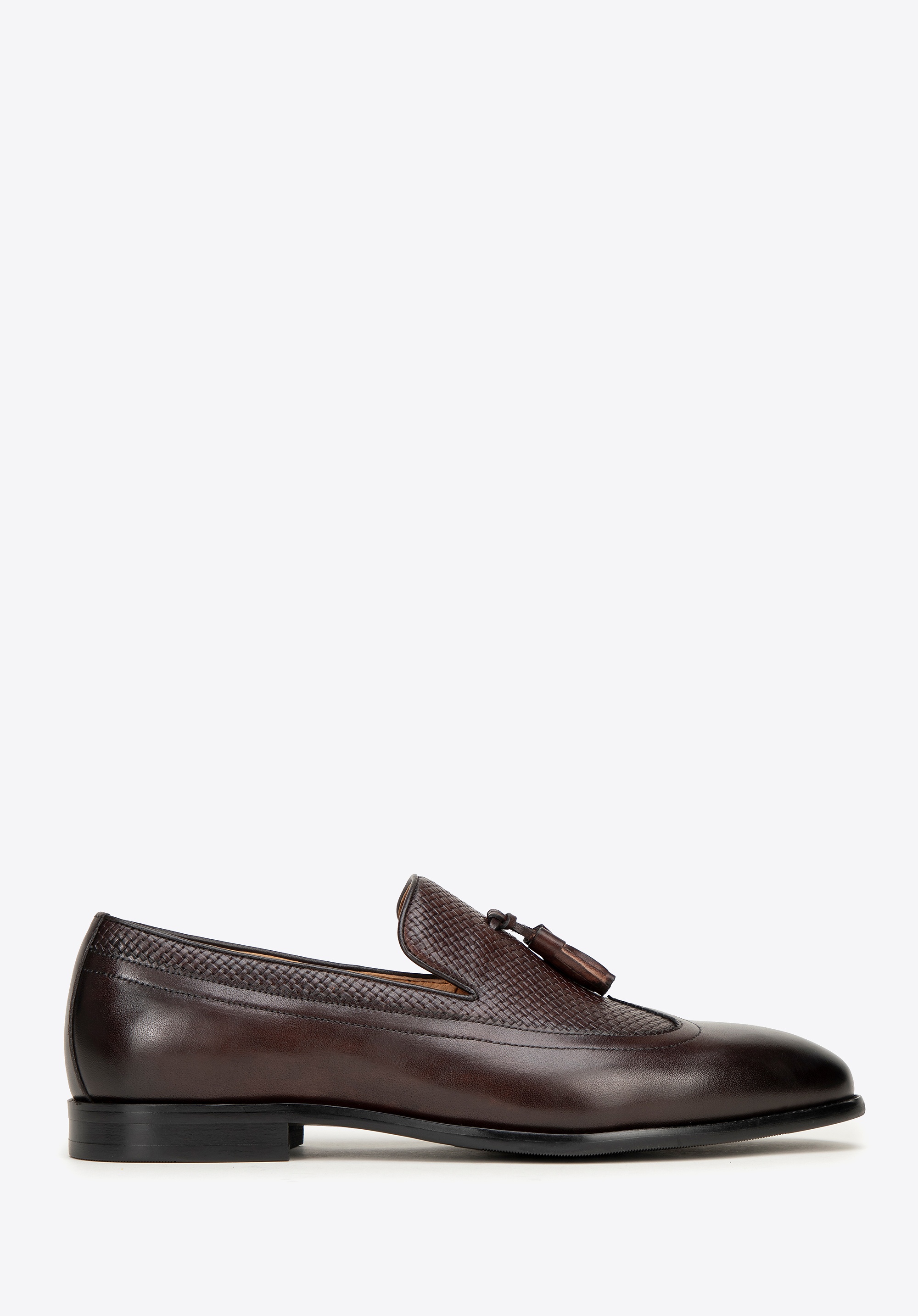 Męskie mokasyny skórzane z plecionką i chwostem brązowe