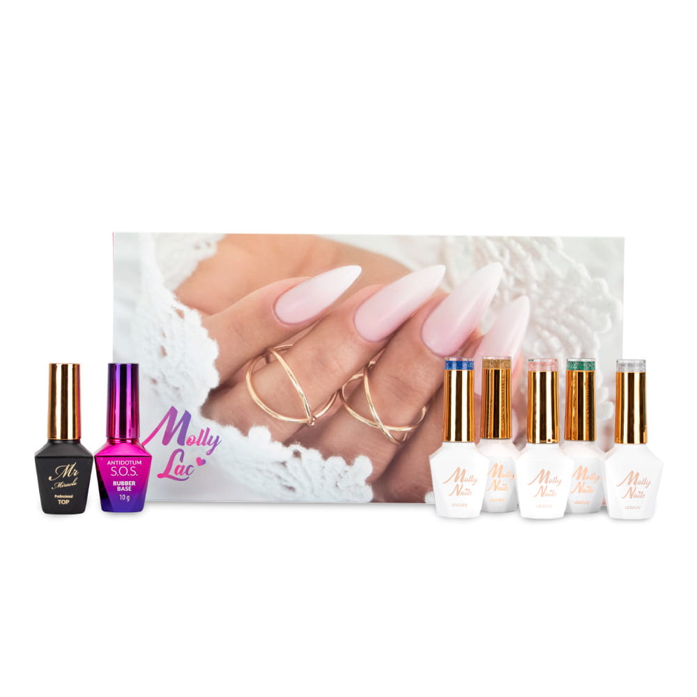 Zestaw 5 lakierów hybrydowych Flashing Molly Nails+ Baza i Top Gratis
