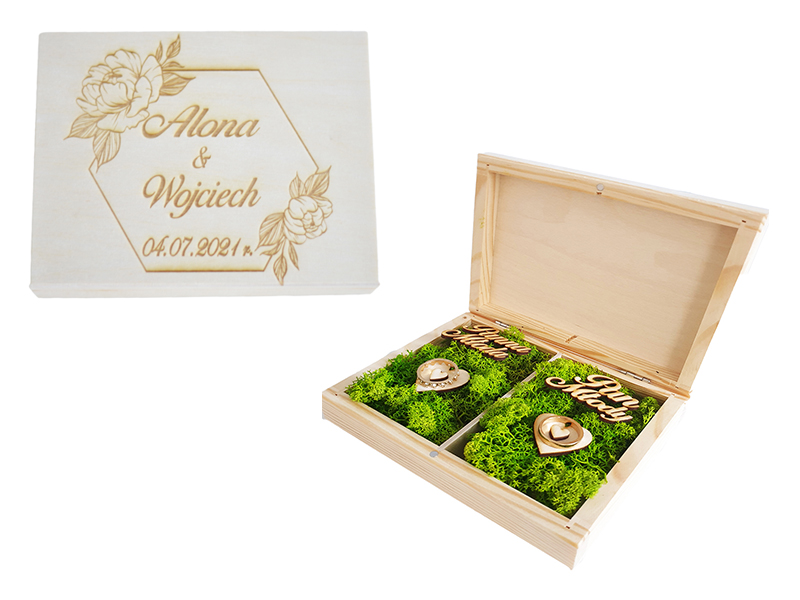 Drewniane pudełko na obrączki ślubne personalizacja, grawer, mech.
