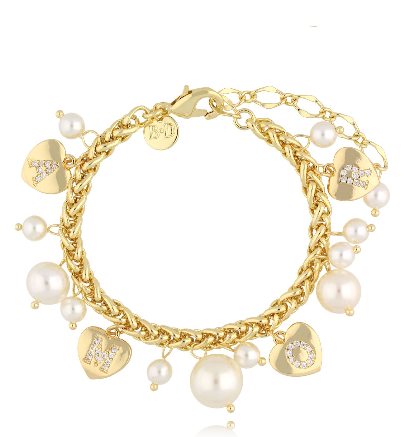 Bransoletka z perłami i serduszkami złota BSS0221 - By Dziubeka
