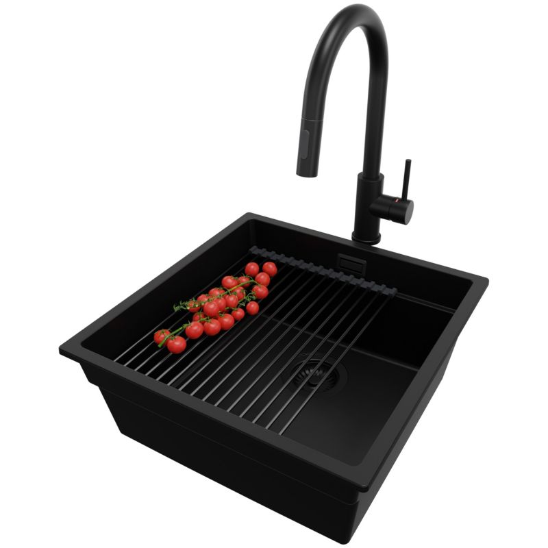 Zlewozmywak Granitowy Praga Slim PRIMAGRAN Nablatowy 46x47cm, Cały Czarny + Bateria + Syfon + Akcesorium, S209, 1 szt.