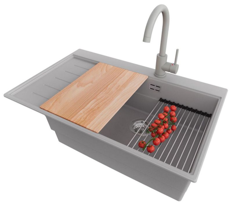 Zlewozmywak Granitowy Sydney PRIMAGRAN Nablatowy 78x50cm do szafki od 60cm, Szary + Bateria 32x20cm + Syfon + Akcesoria, , 1 szt.