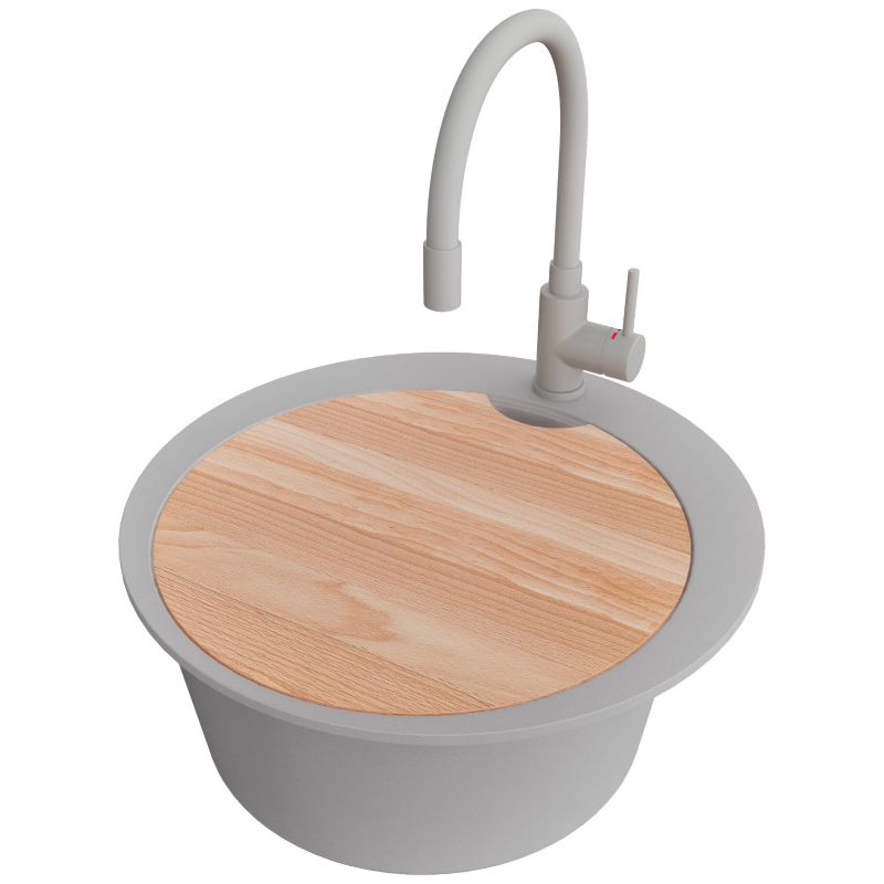 Zlewozmywak Granitowy Okrągły Piza PRIMAGRAN Nablatowy 50x50cm do szafki od 45cm, Szary + Bateria + Syfon + Deska, S051, 1 szt.