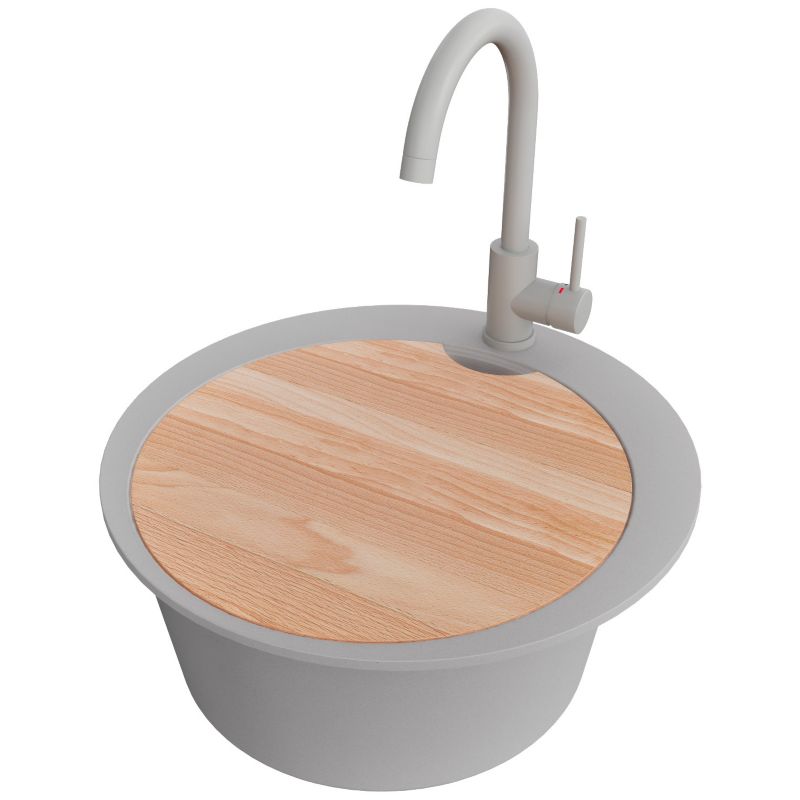 Zlewozmywak Granitowy Okrągły Piza PRIMAGRAN Nablatowy 50x50cm do szafki od 45cm, Szary + Bateria + Syfon + Deska, S040, 1 szt.