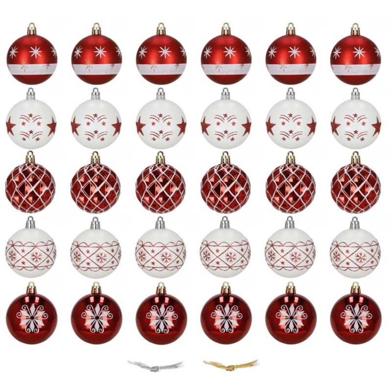 Bombki choinkowe, nietłukące Springos dekoracje świąteczne do stroika 30 szt. biało-czerwone 1 kpl.