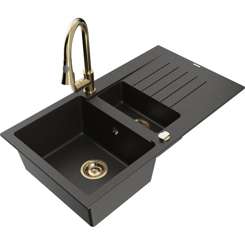 Zlewozmywak granitowy 1.5-komorowy Mexen Matias z ociekaczem i baterią kuchenną Elia czarny/złoty metalik 6502-75-670101-50