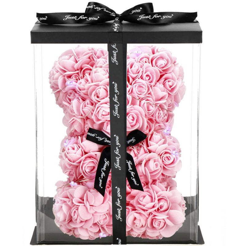 Miś z róż Springos 22 cm LED różowy w pudełku zimny biały 1 kpl.