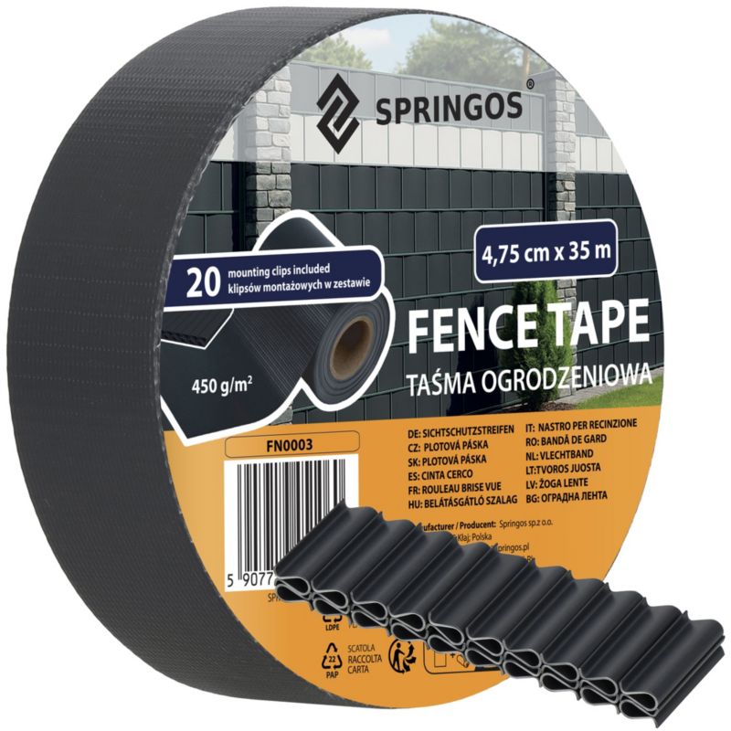 Taśma ogrodzeniowa Springos PVC 35m x 4,75cm 450 g/m2 z klipsami mocującymi 20 szt. antracyt 1 kpl.