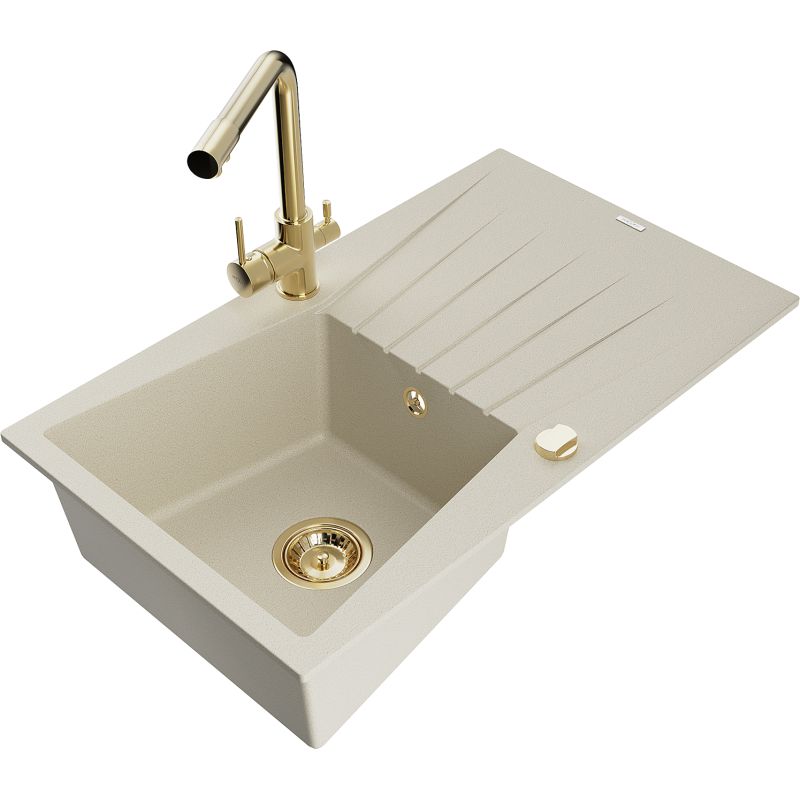 Zlewozmywak granitowy 1-komorowy Mexen Cesar z ociekaczem i baterią kuchenną Duero beżowy 6514-69-671600-50