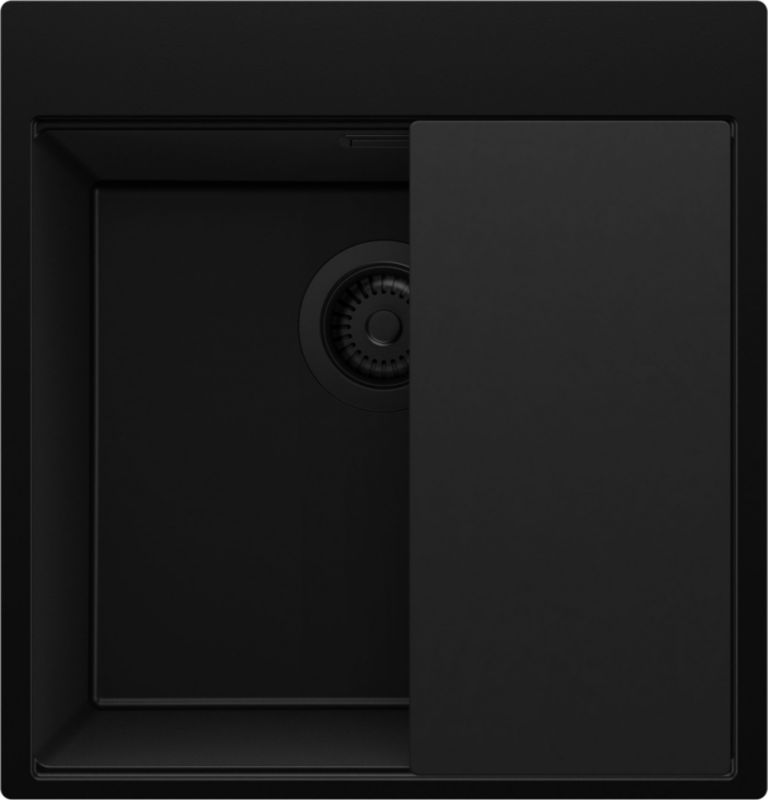 Zlewozmywak Oslo PRIMAGRAN Nablatowy 48x50cm do szafki od 50cm, Cały Czarny + Syfon + Deska, S327, 1 szt.