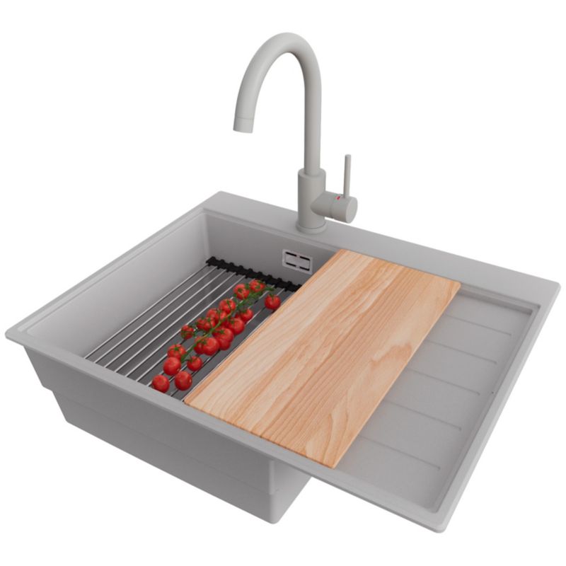 Zlewozmywak Granitowy Sydney PRIMAGRAN Nablatowy 62x50cm do szafki od 45cm, Szary + Bateria + Syfon + Akcesoria, S178, 1 szt.