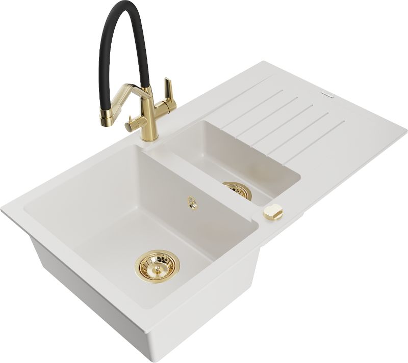 Zlewozmywak granitowy Mexen Matias 1,5-komorowy z ociekaczem i baterią kuchenną Duo biały 6502-20-671701-57-G