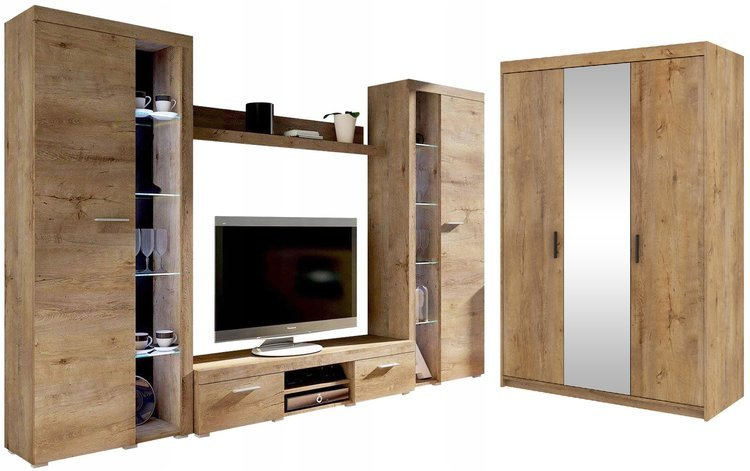 Meblościanka z szafą z lustrem Dąb Lefkas SAMBA BIG